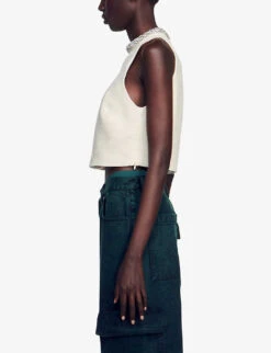 Sandro Crystal-embellished Tweed Woven Top -Ted Bakee Fashion Shop R04197747 NATURELS ALT02