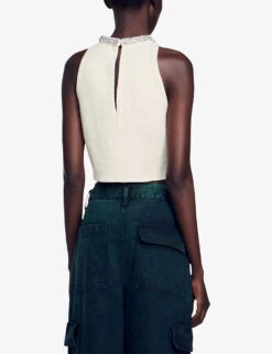 Sandro Crystal-embellished Tweed Woven Top -Ted Bakee Fashion Shop R04197747 NATURELS ALT03