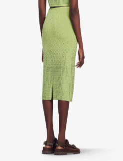 Sandro Manray Rhinestone-embellished High-rise Woven Midi Skirt -Ted Bakee Fashion Shop R04197758 VERTS ALT03