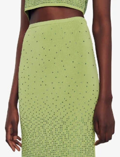 Sandro Manray Rhinestone-embellished High-rise Woven Midi Skirt -Ted Bakee Fashion Shop R04197758 VERTS ALT05