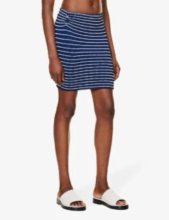 Stripe-pattern Crinkle-texture Stretch-woven Mini Skirt -Ted Bakee Fashion Shop R04198509 NAVYWHITE ALT02