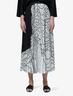 Abstract-print Pleated Crepe Midi Skirt -Ted Bakee Fashion Shop R04200167 BLACKWH ALT02