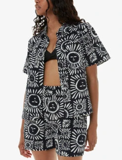 Whistles Sunman Graphic-print Short-sleeve Linen-cotton Blend Shirt 7 Whistles Sunman Graphic-print Short-sleeve Linen-cotton Blend Shirt -Ted Bakee Fashion Shop R04200354 BLACK ALT02
