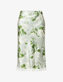 Arie Floral-pattern Lace-trim Silk Midi Skirt