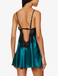Lace-embellished Flared-hem Silk Nightdress -Ted Bakee Fashion Shop R04207760 EMERALDBLACK ALT02