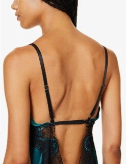 Lace-embellished Flared-hem Silk Nightdress -Ted Bakee Fashion Shop R04207760 EMERALDBLACK ALT03